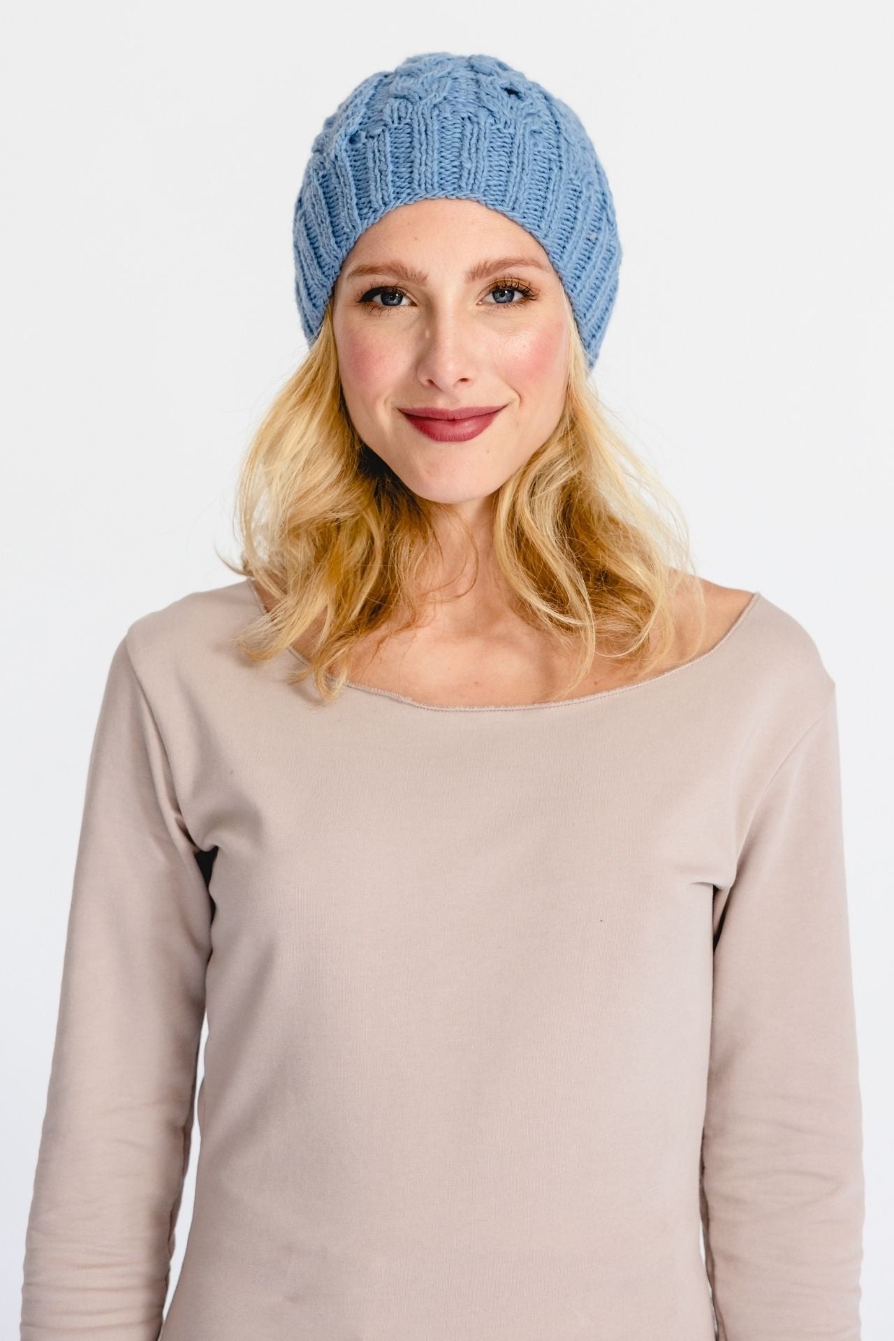 Surya Australia Ethical Cable Knit Merino Wool Beanie from Nepal - Light Blue