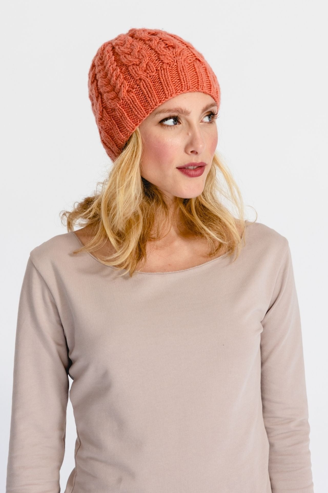 Surya Australia Ethical Cable Knit Merino Wool Beanie from Nepal - Tangerine