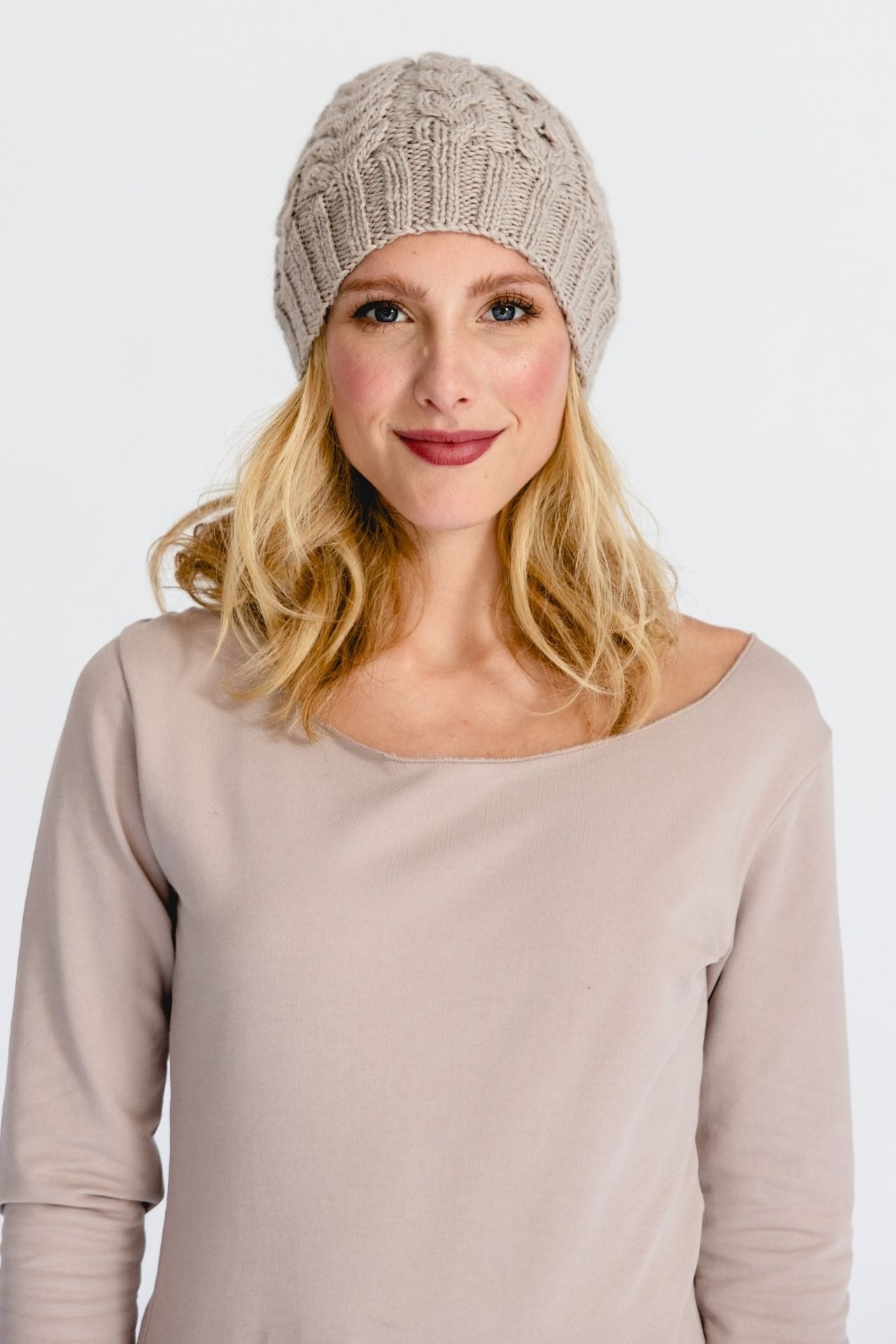 Surya Australia Ethical Cable Knit Merino Wool Beanie from Nepal - Sand
