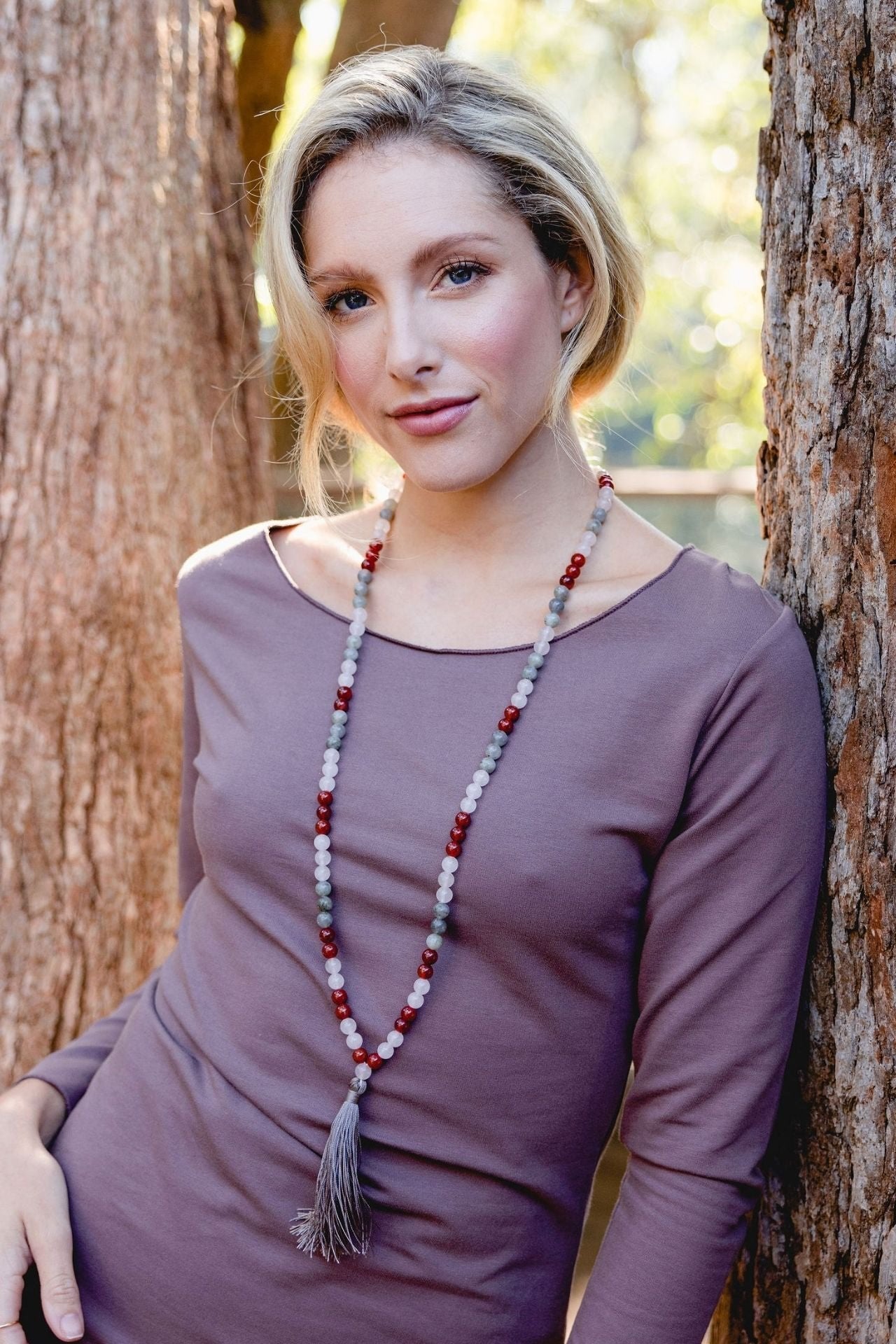 Surya Australia Calm Abiding Mala Necklace made in Nepal - rose quartz, carnelian and labradorite