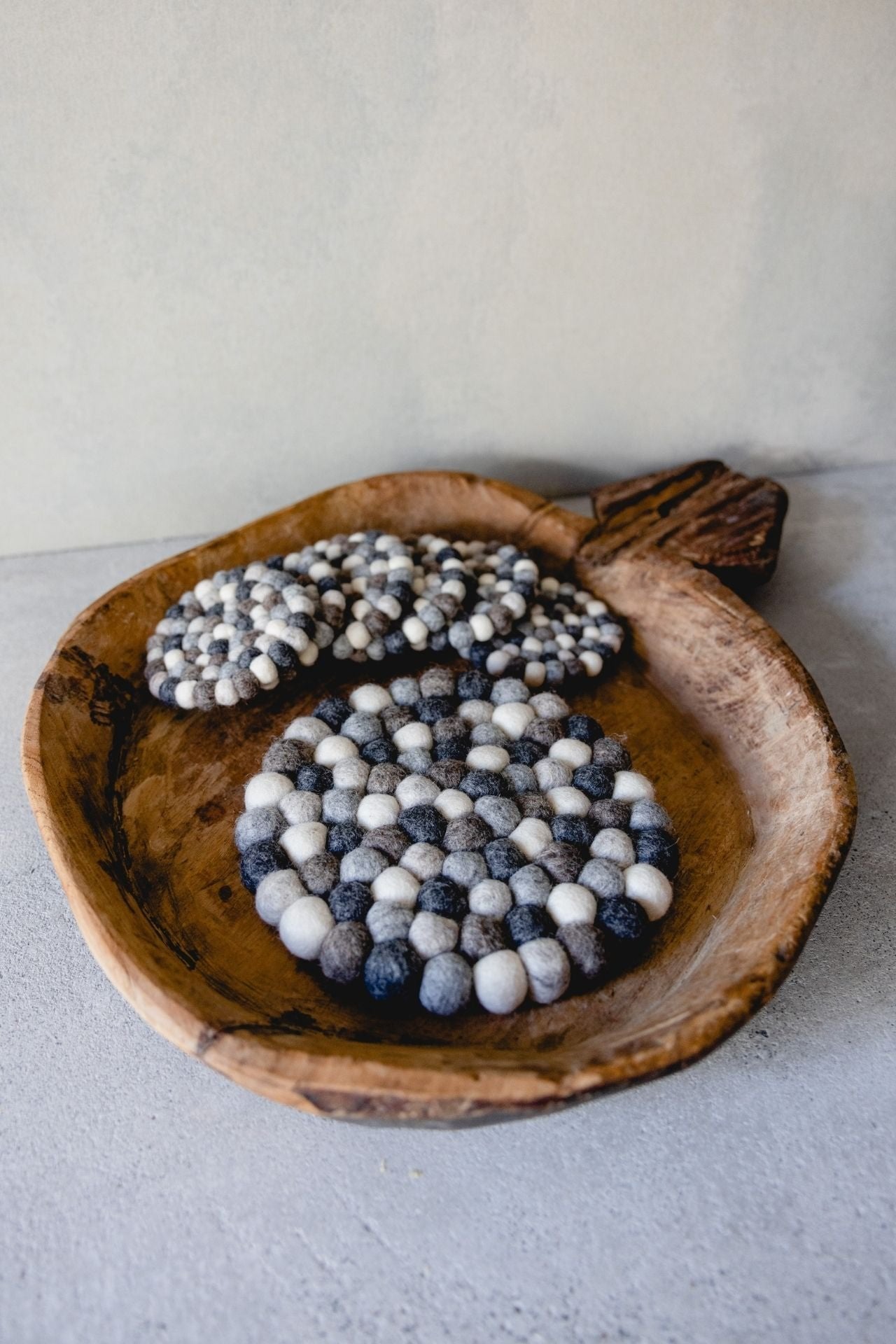 Surya Australia Ethical Felt Ball Coasters and Felt Ball Trivet Set from Nepal - Neutral colours