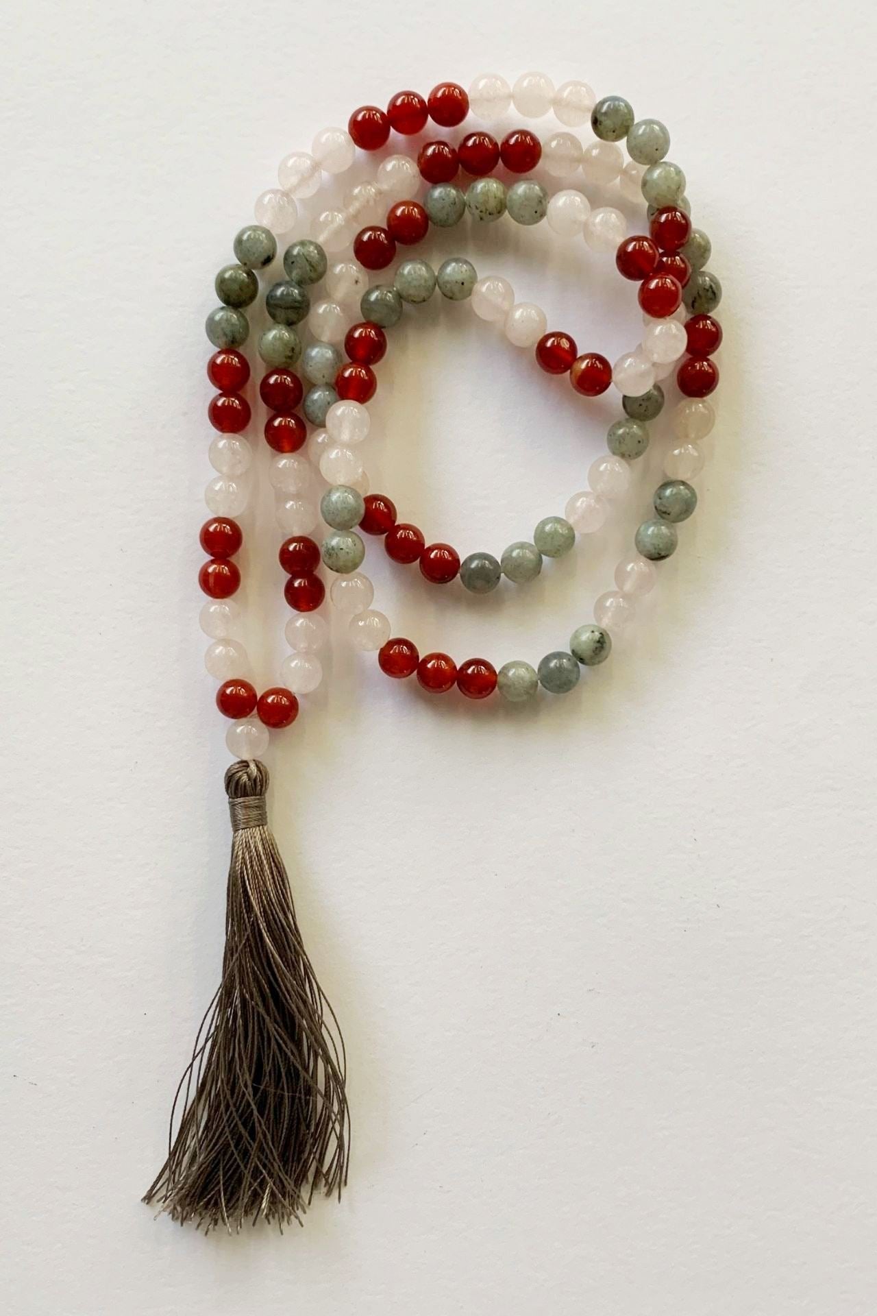 Surya Australia Calm Abiding Mala Necklace made in Nepal - rose quartz, carnelian and labradorite