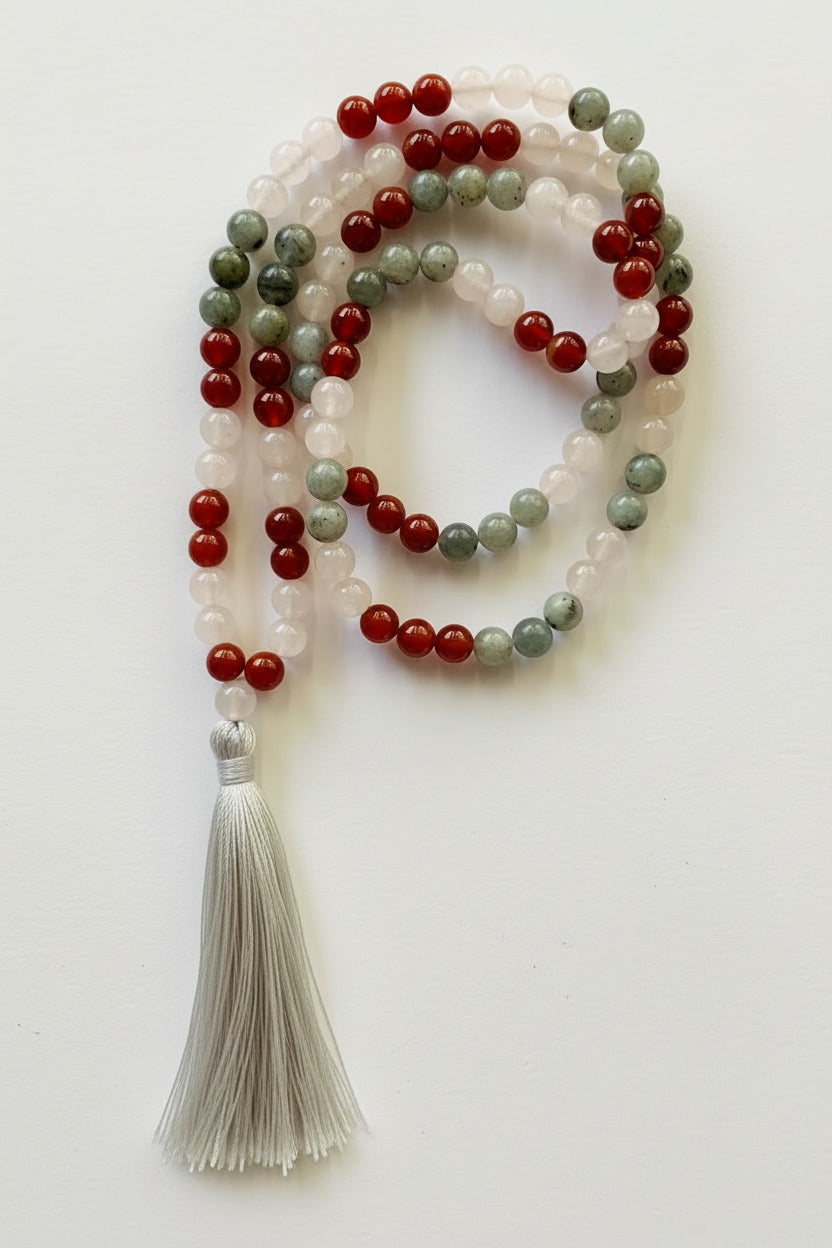 Surya Australia Calm Abiding Mala Necklace made in Nepal - rose quartz, carnelian and labradorite