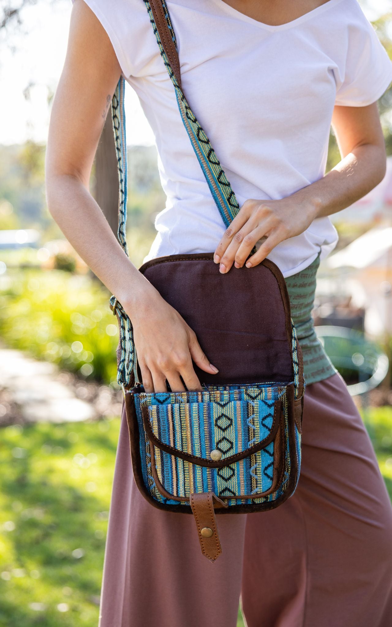 Surya Australia Buffalo Leather & Woven Cotton Bag from Nepal - Cassis