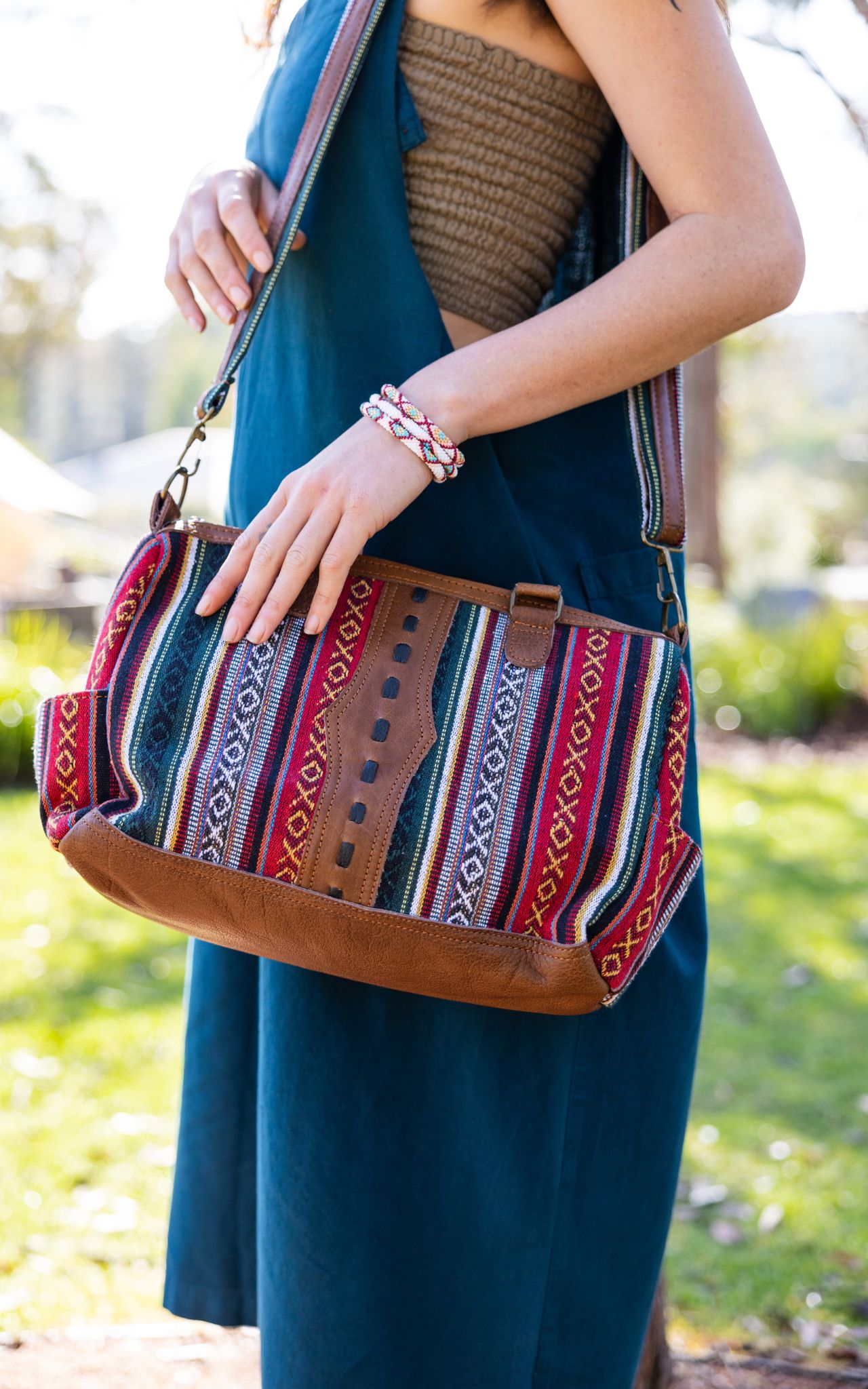 Surya Australia Organic Buffalo Leather and Woven Cotton Bag made in Nepal - Yelen