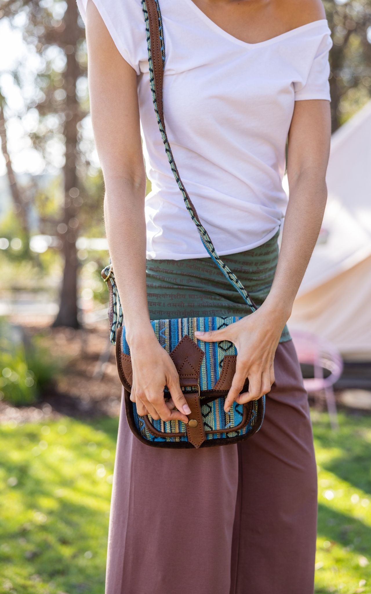 Surya Australia Buffalo Leather & Woven Cotton Bag from Nepal - Cassis