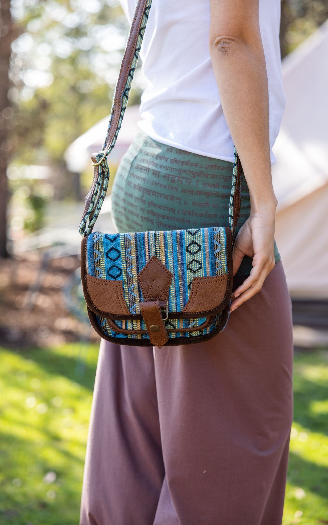 Surya Australia Buffalo Leather & Woven Cotton Bag from Nepal - Cassis