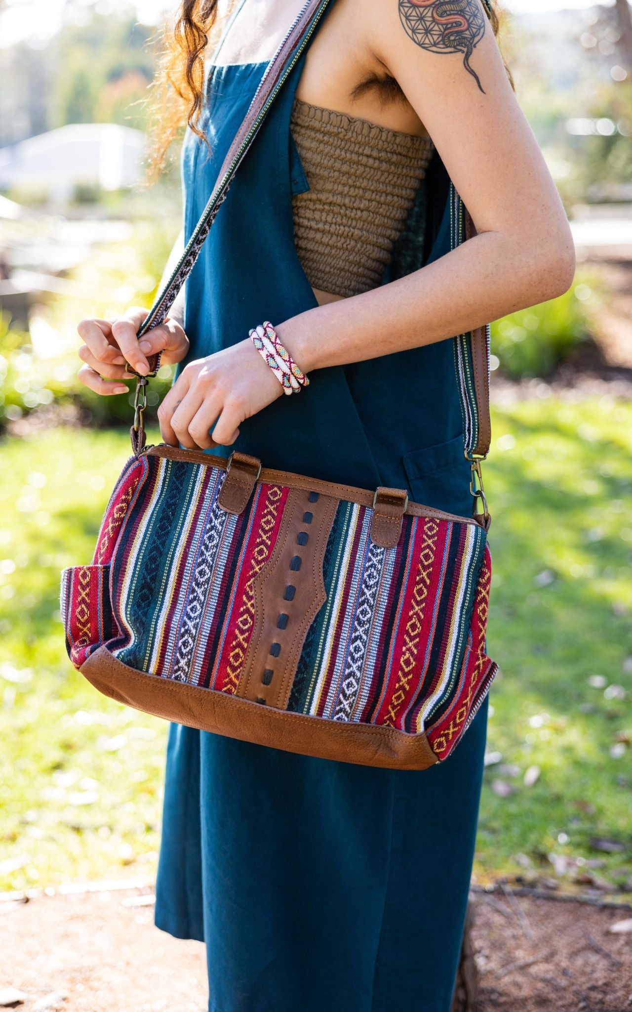 Surya Australia Organic Buffalo Leather and Woven Cotton Bag made in Nepal - Yelen