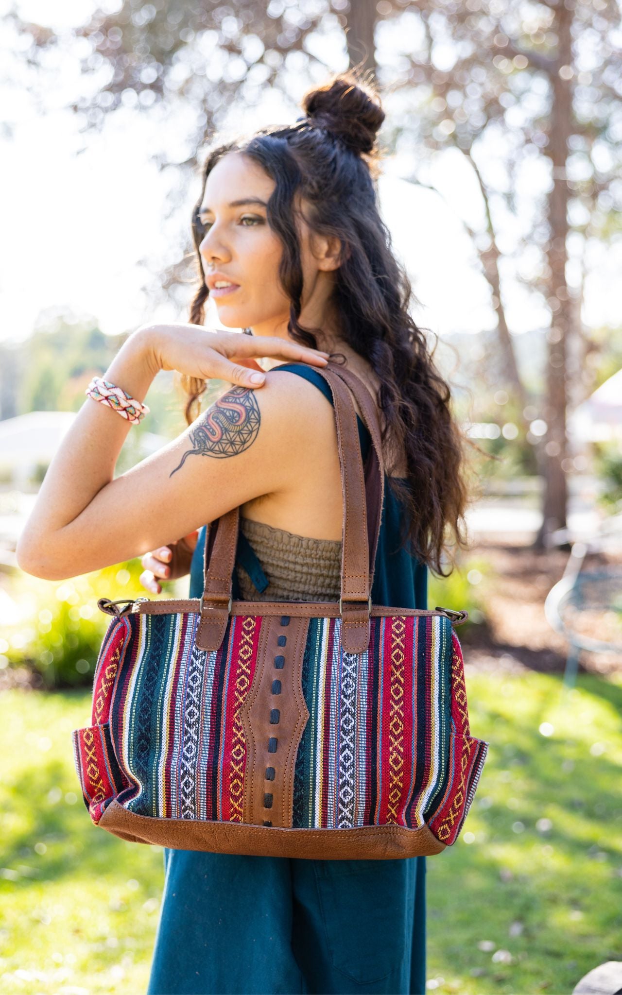 Surya Australia Organic Buffalo Leather and Woven Cotton Bag made in Nepal - Yelen