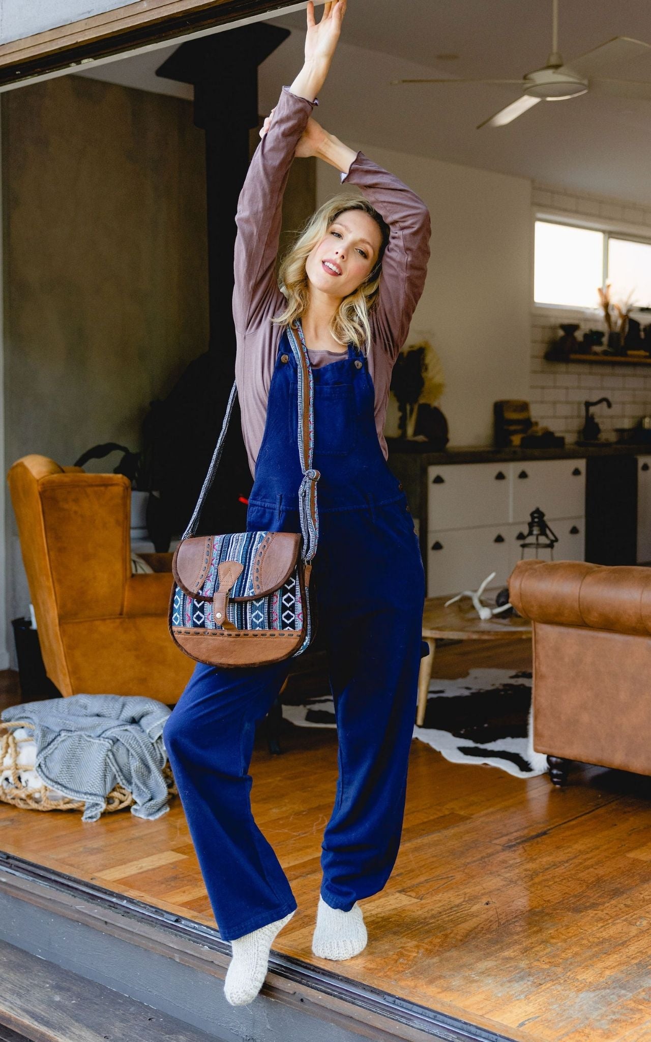 Surya Australia Buffalo Leather & Cotton Bag made in Nepal - Meneham