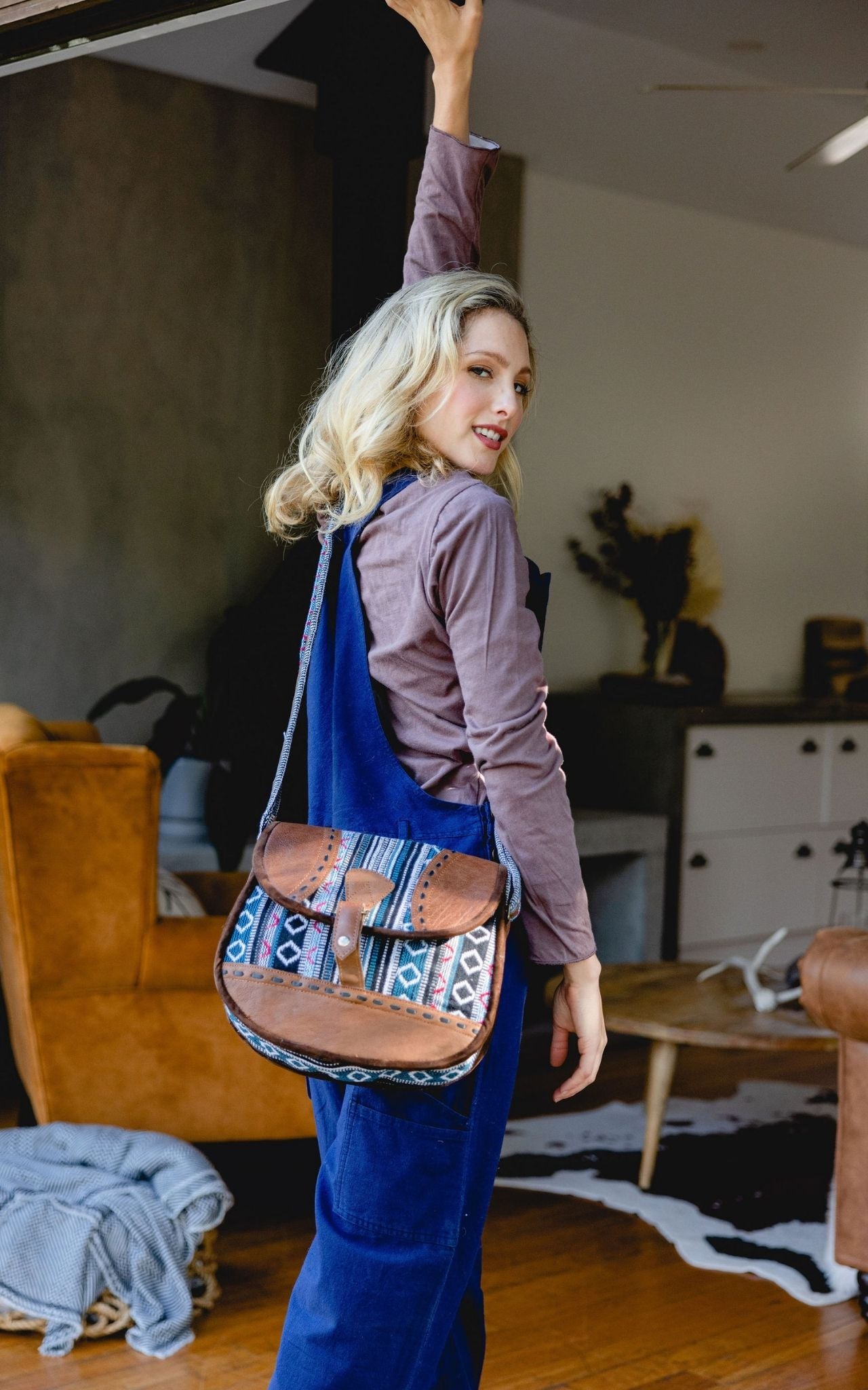 Surya Australia Buffalo Leather & Cotton Bag made in Nepal - Meneham