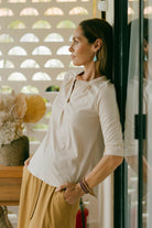 Organic cotton three quarter sleeve tops for women – with detailed neckline