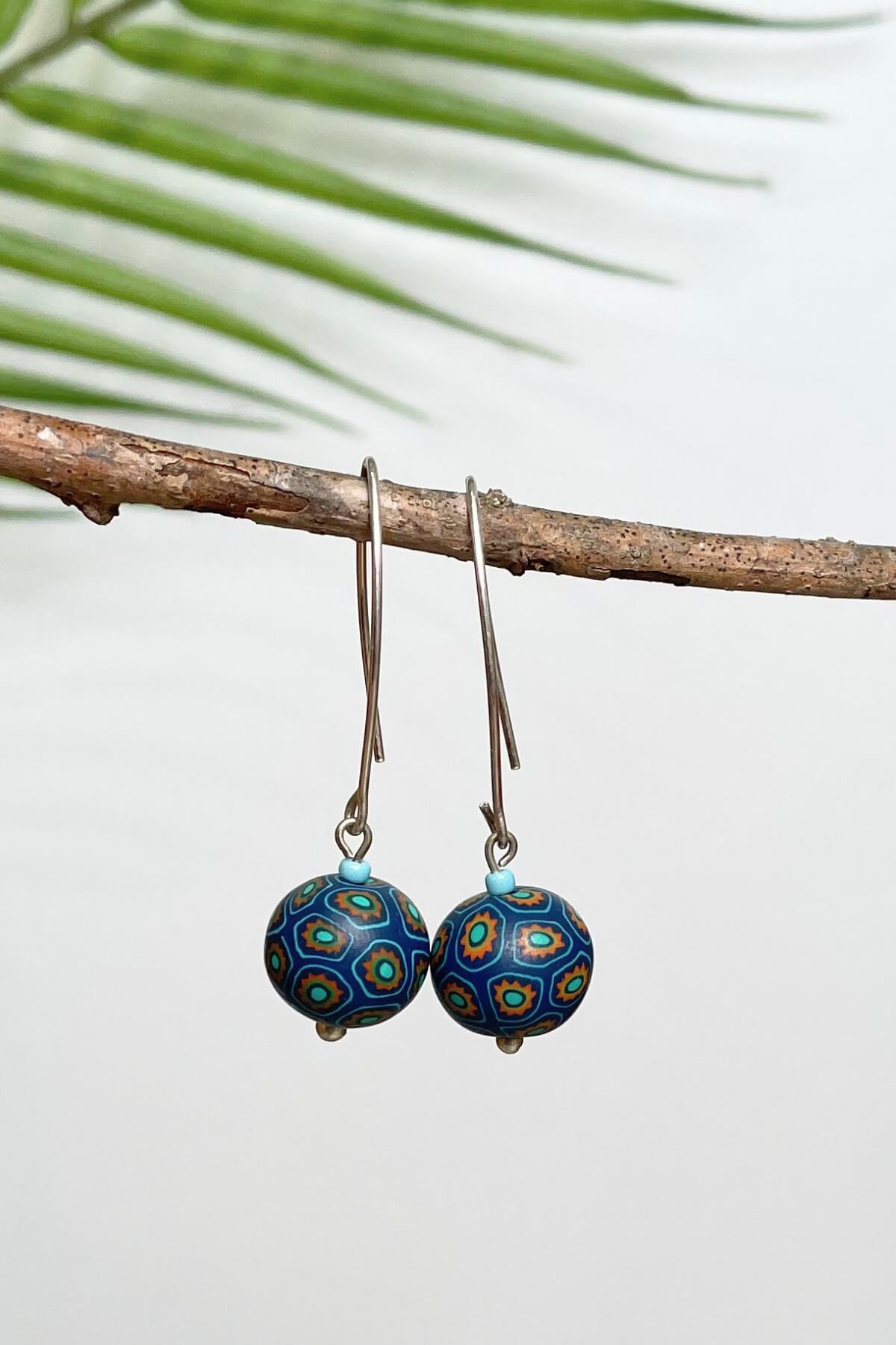 Fair trade polymer clay single drop earrings – blues