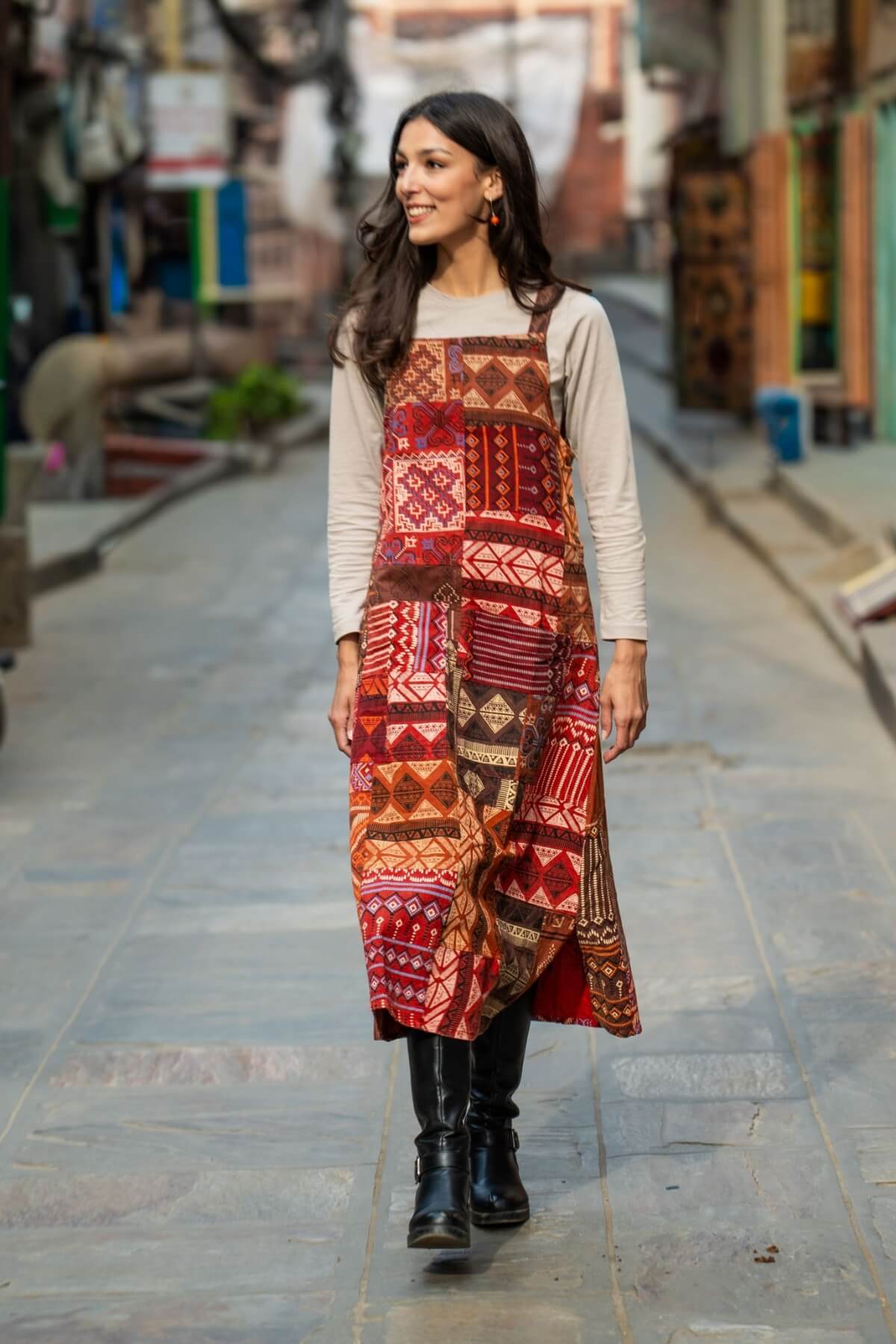 Surya Ethical Cotton Patch Pinafore - on location in Nepal