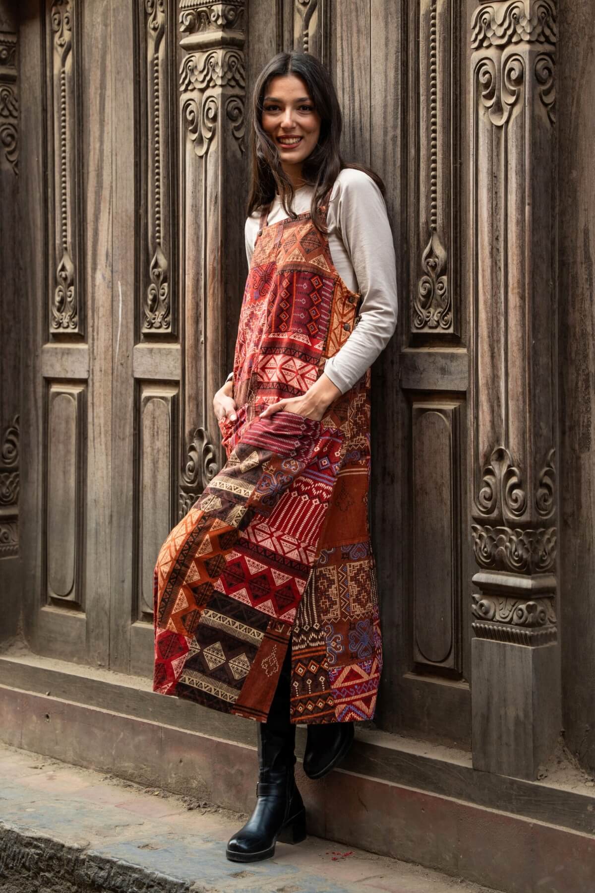 Surya Ethical Cotton Patch Pinafore - on location in Patan old city, Nepal