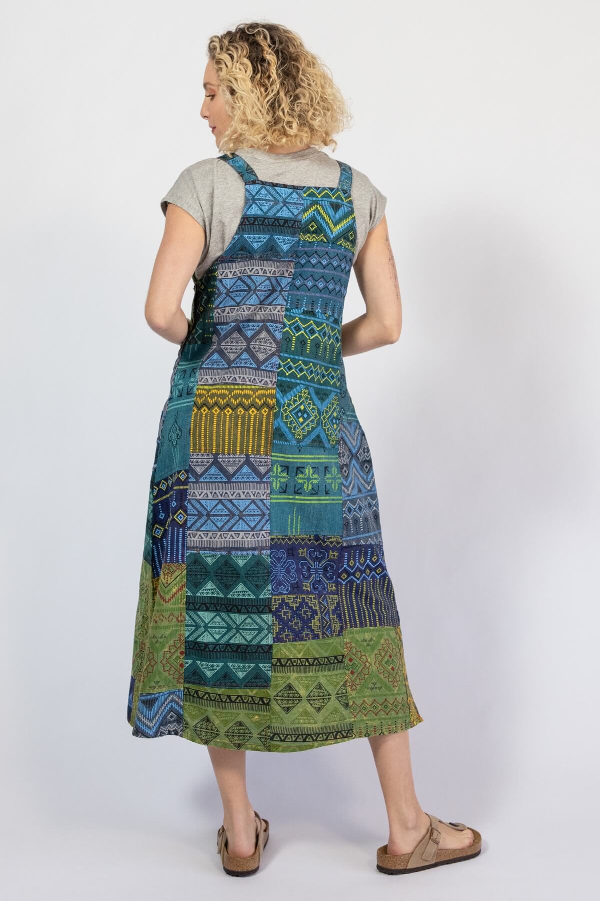 Ethical Cotton Patchwork Pinafore Dress - rear view