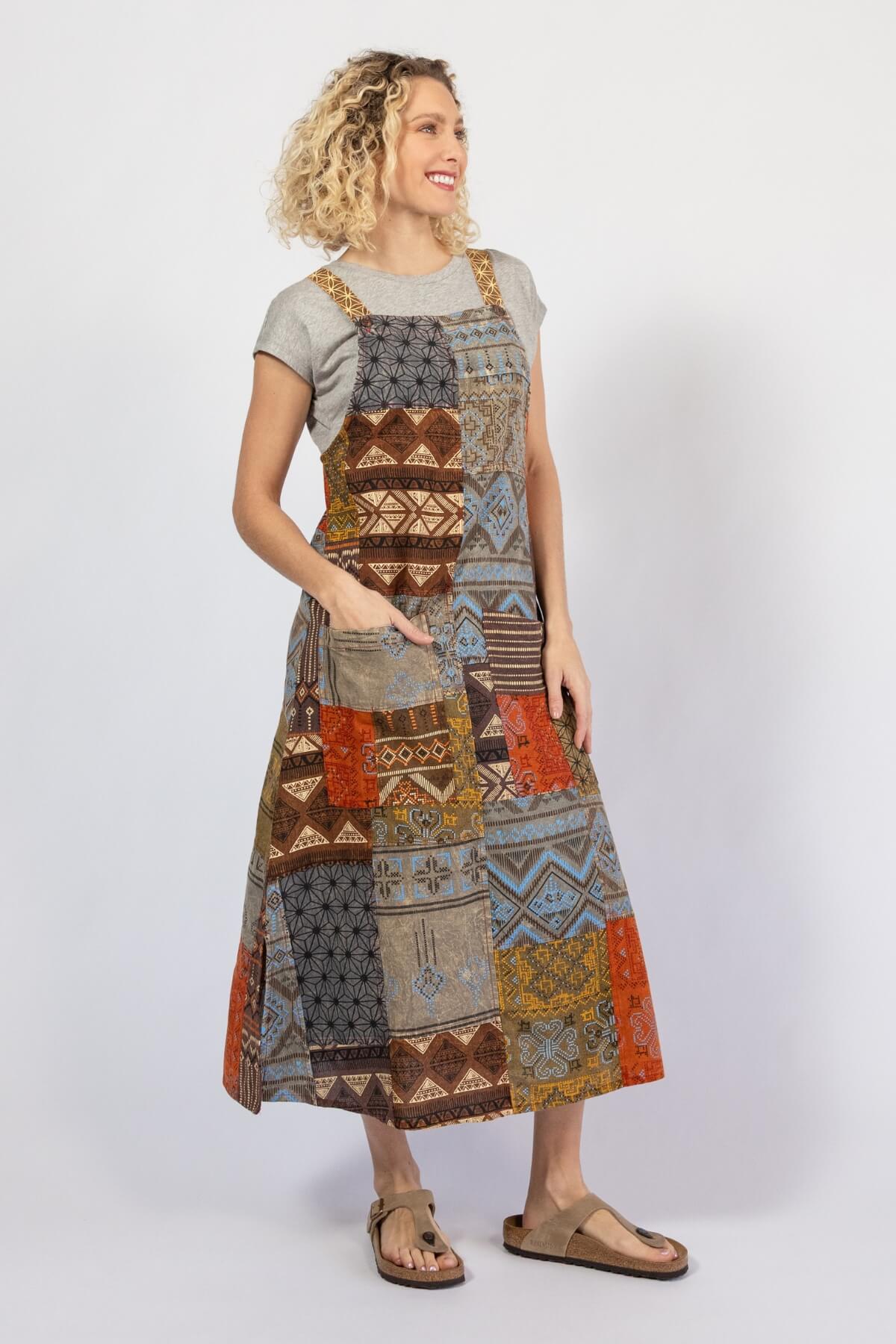 Ethical Cotton Patchwork Pinafore - right side view