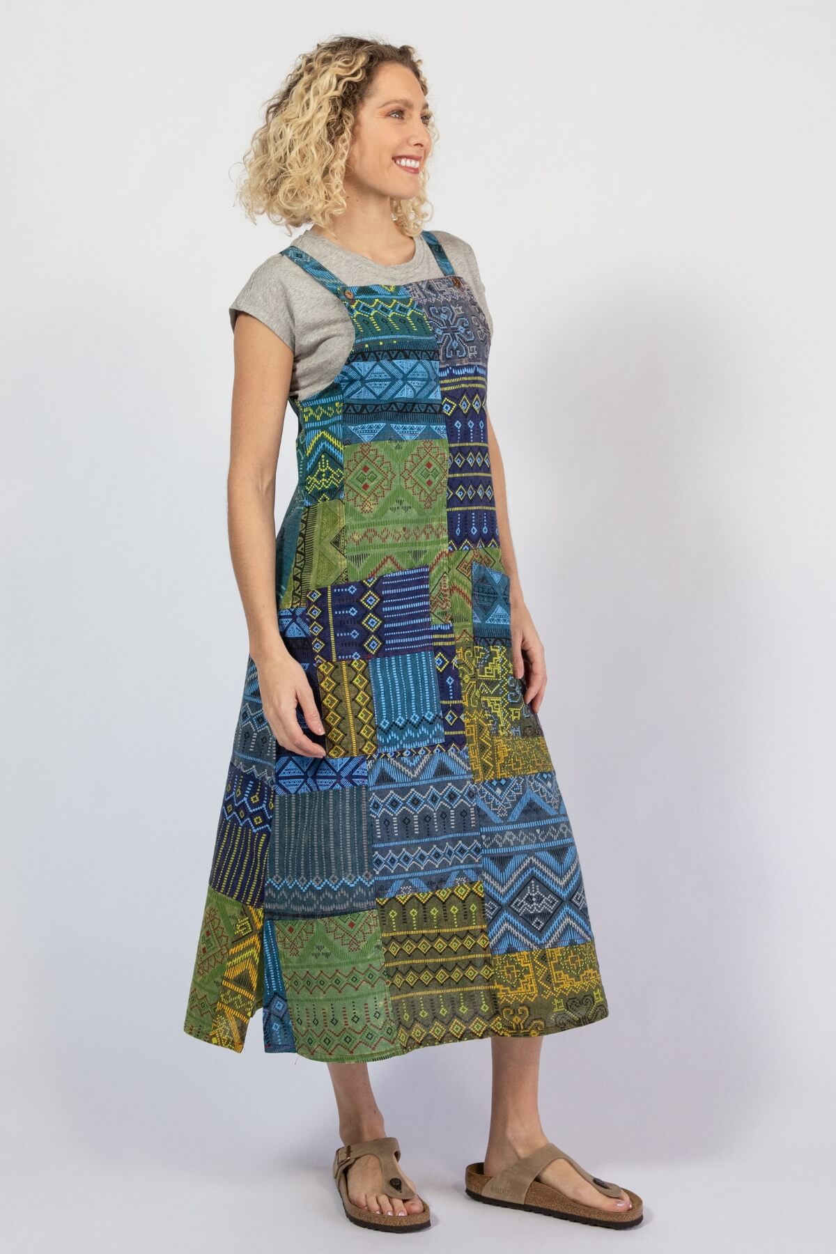Ethical Cotton Patchwork Pinafore Dress - right side view