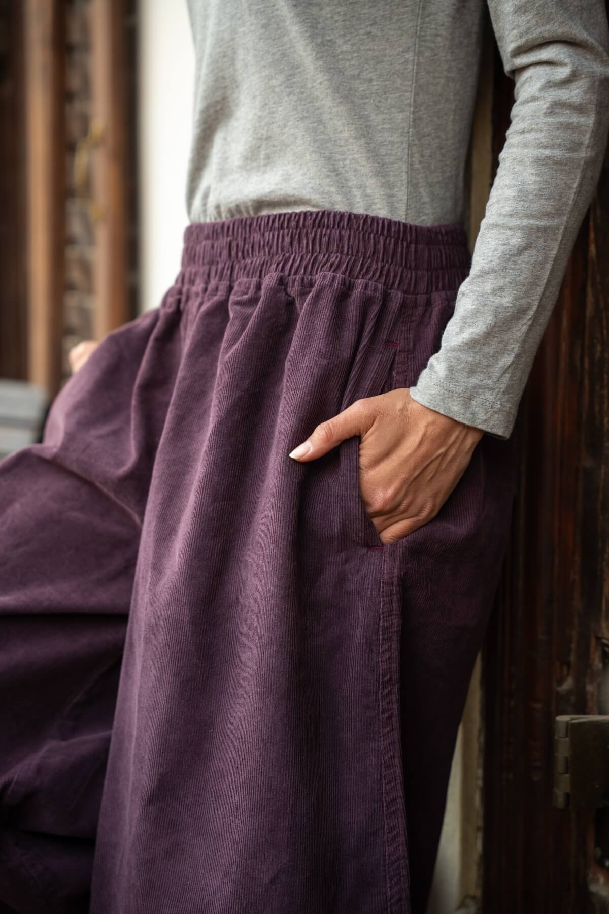 Cotton Corduroy Wide Leg Pants for Women - with two hip pockets