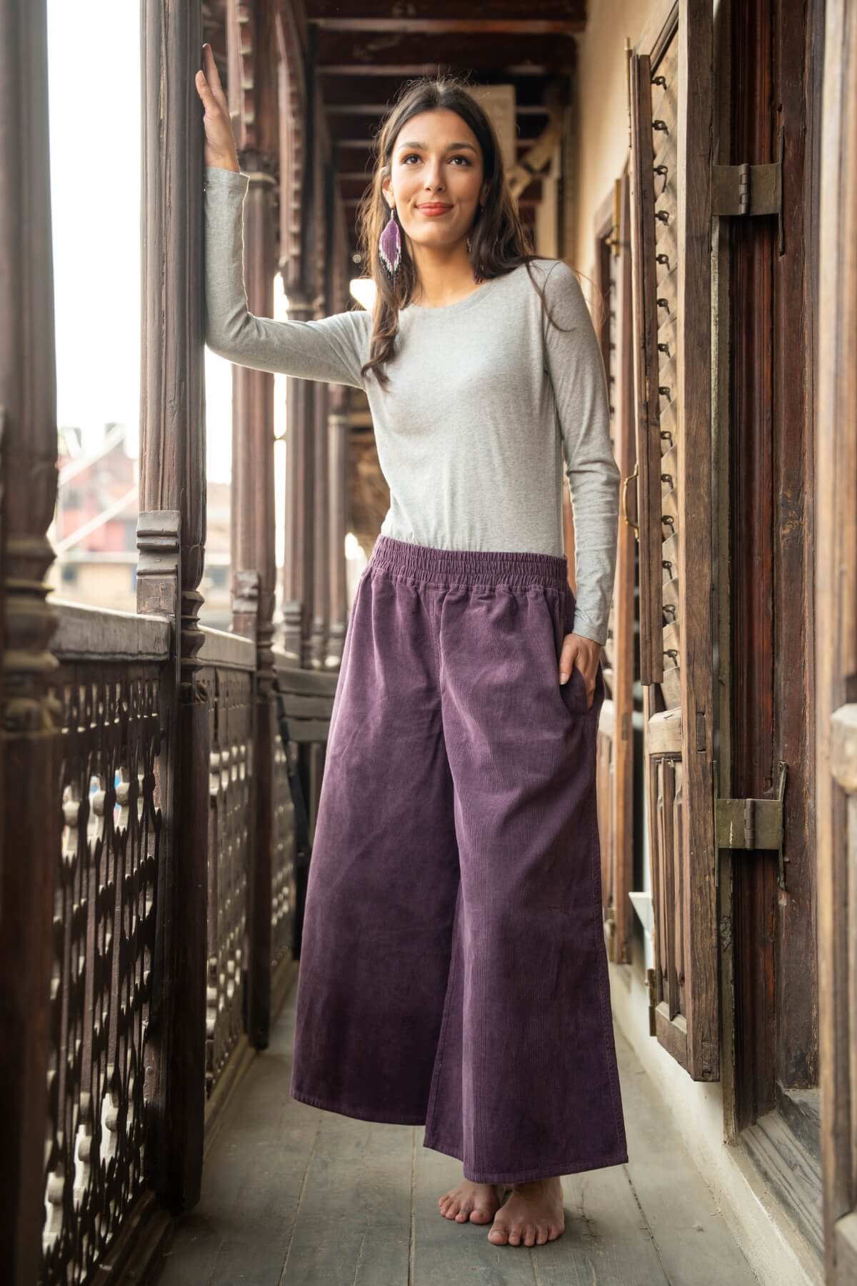 Cotton Corduroy Wide Leg Pants for Women - on location in Nepal