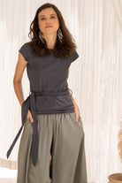 Organic Cotton Capped Sleeve Top for Women - with tie at waist