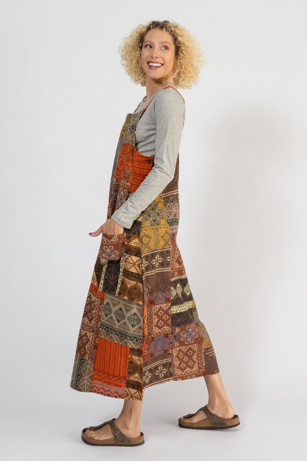 Ethical Cotton Patchwork Pinafore - left side view