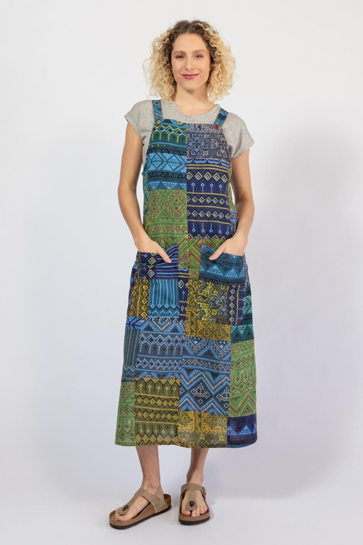 Ethical Cotton Patchwork Pinafore Dress - Ocean Blue
