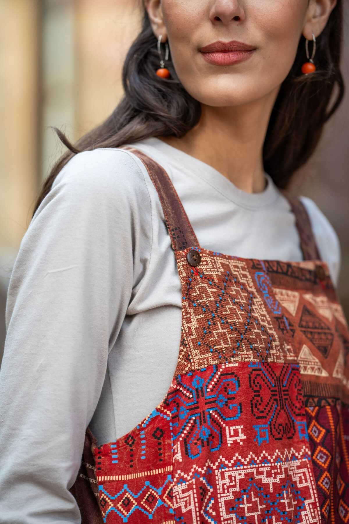 Surya Ethical Cotton Patch Pinafore - adjustable shoulder straps to vary the length