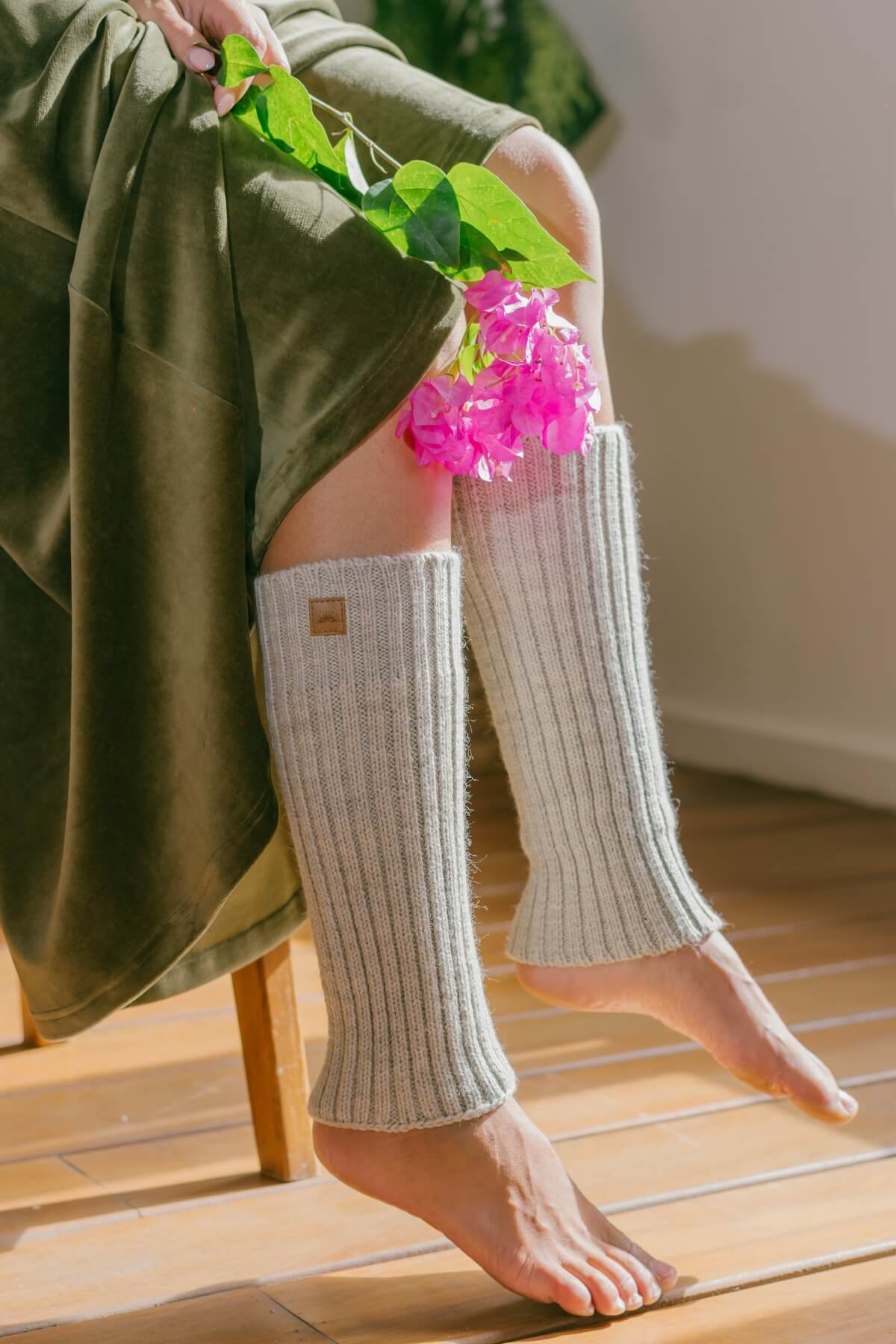 Ethically made merino wool leg warmers for women - oatmeal