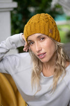 Merino wool cable knit beanie for women - Mustard