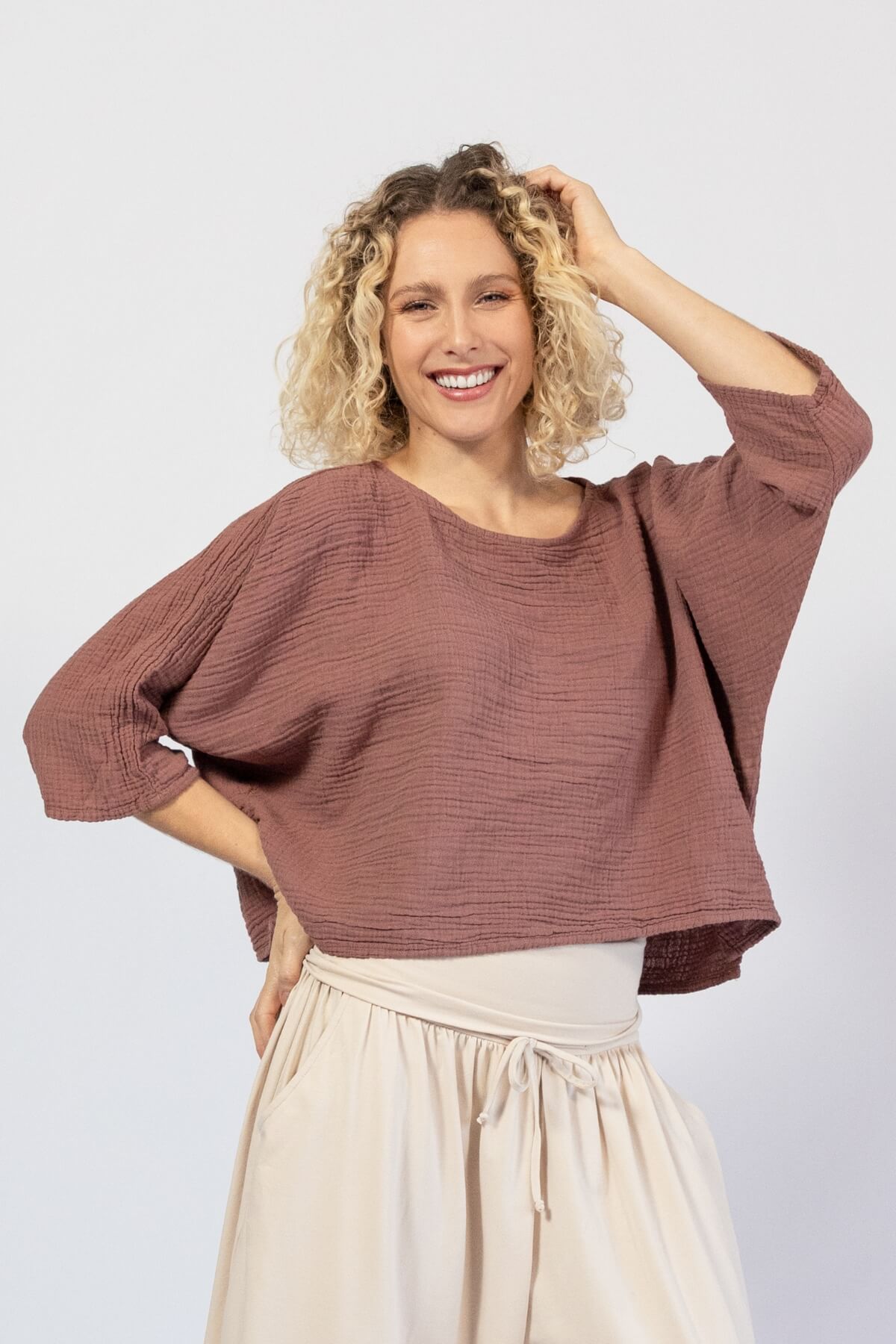 Muslin cotton bat-wing top for women – taupe