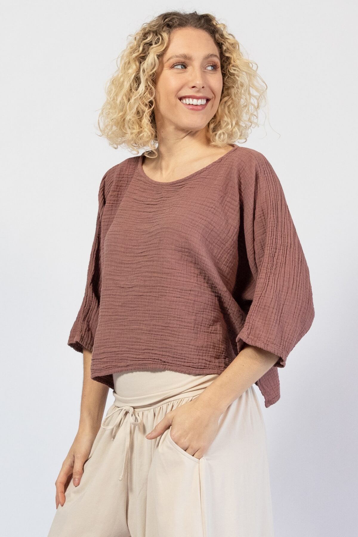 Muslin cotton bat-wing top for women – left side view