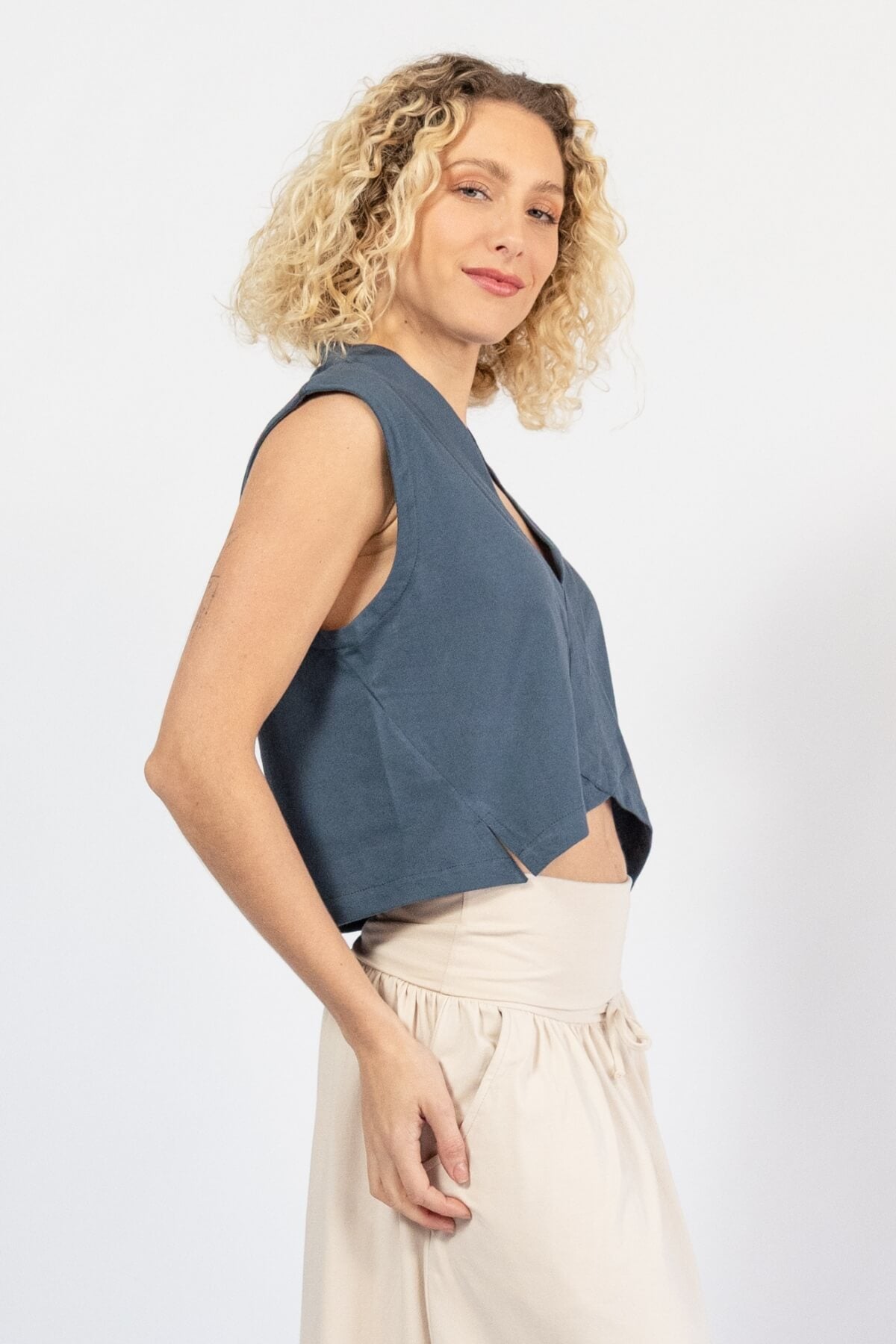 Organic Cotton Asymmetrical Crop Tops for Women - right side view