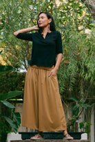 Organic cotton wide leg pants with turn down waist - organic cotton fabric