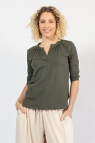 Organic three quarter sleeve top for women – olive green