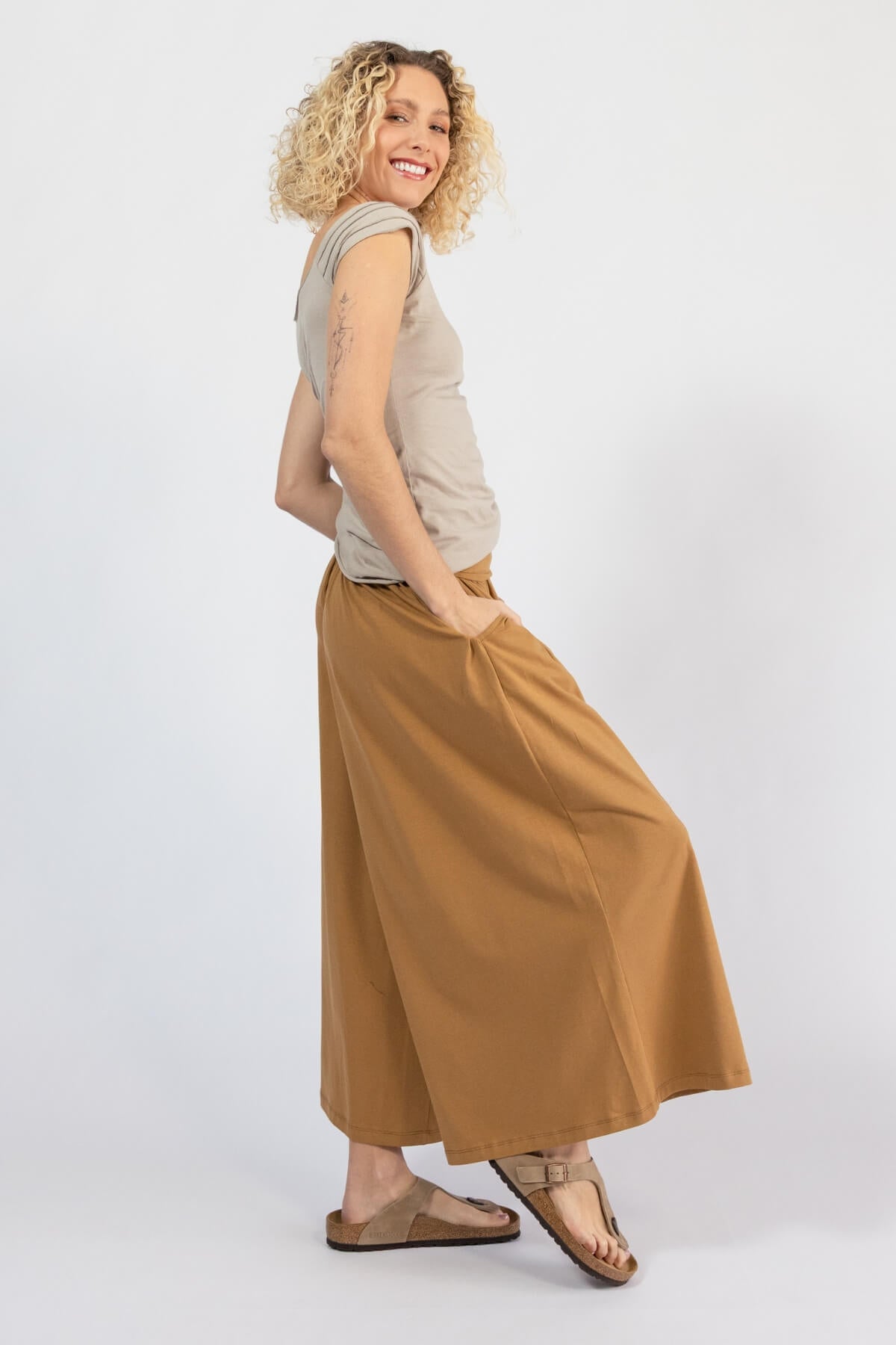 Organic cotton wide leg pants with turn down waist - right side view