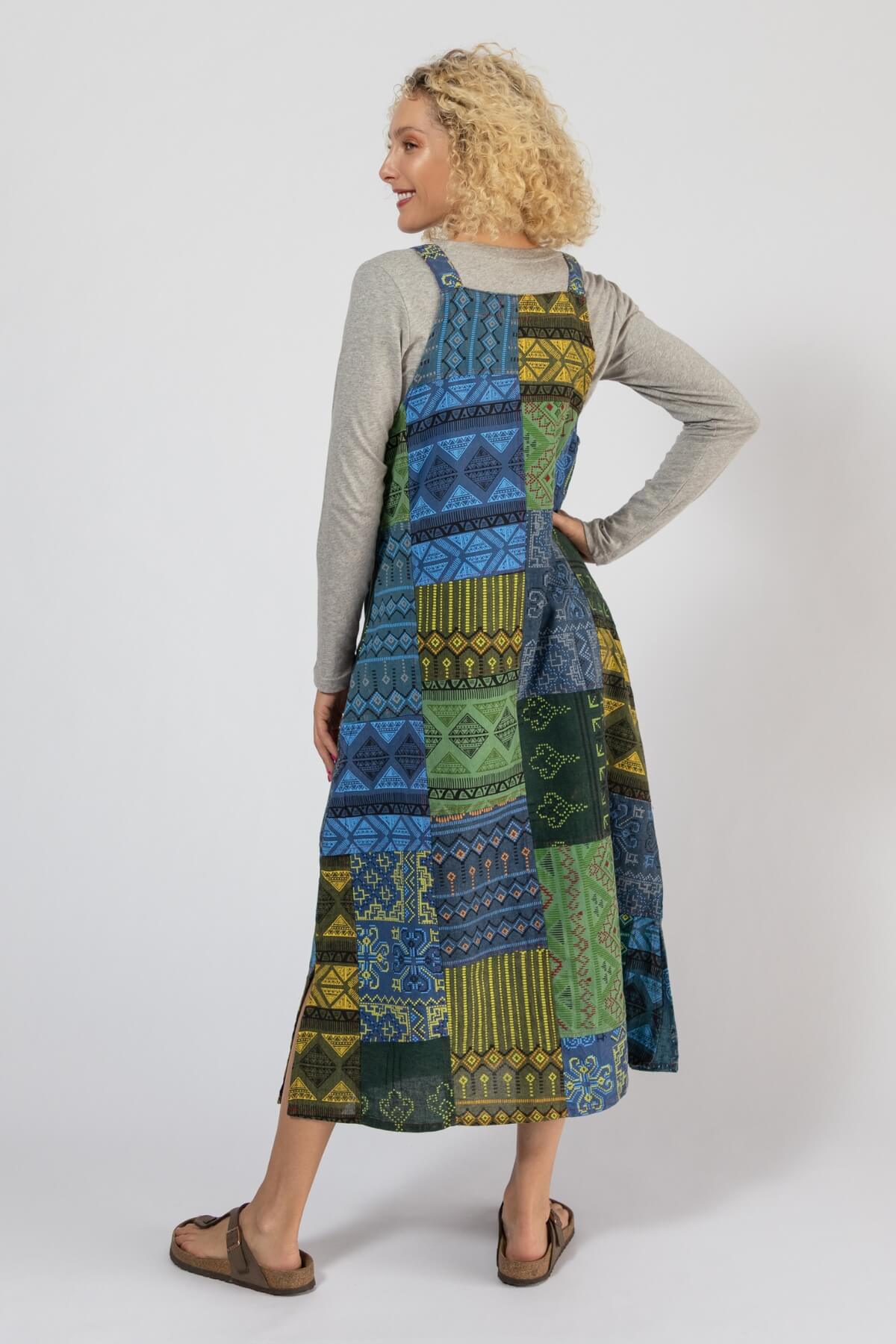 Ethical Cotton Patchwork Pinafore Dress - rear view