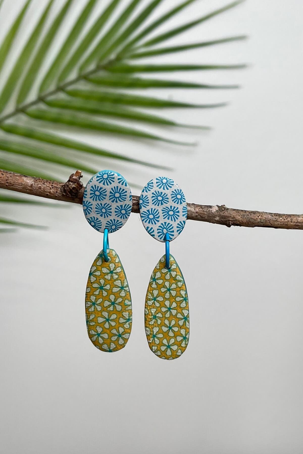 Fair trade polymer clay earrings made in Nepal – lemon and blue colour