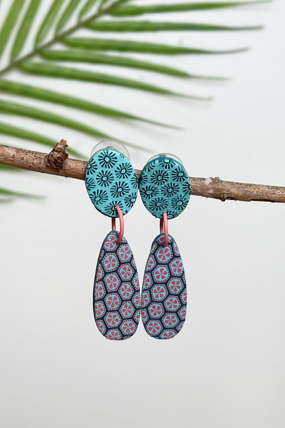 Fair trade polymer clay earrings made in Nepal – pale blue and maroon colour