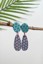Fair trade polymer clay earrings made in Nepal – pale blue and maroon colour