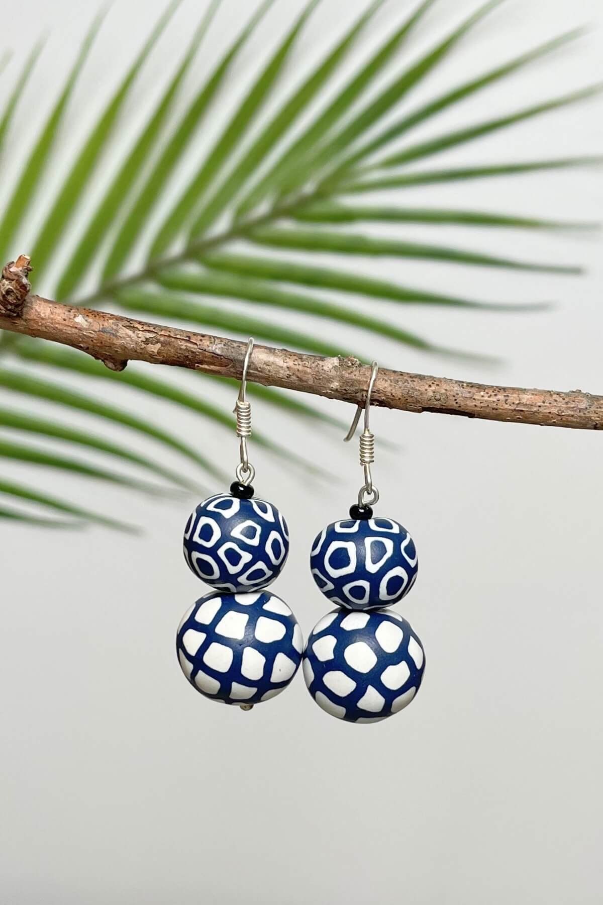 Double drop polymer clay earrings made in Nepal – Navy 3