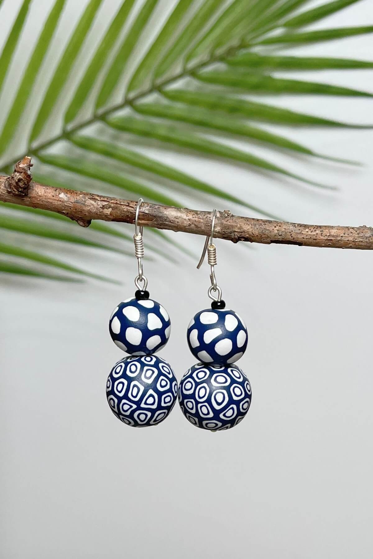 Double drop polymer clay earrings made in Nepal - Navy 1