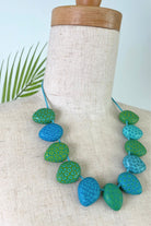 Fair trade polymer clay necklace made in Nepal – intricate filigree designs / blue and green colours