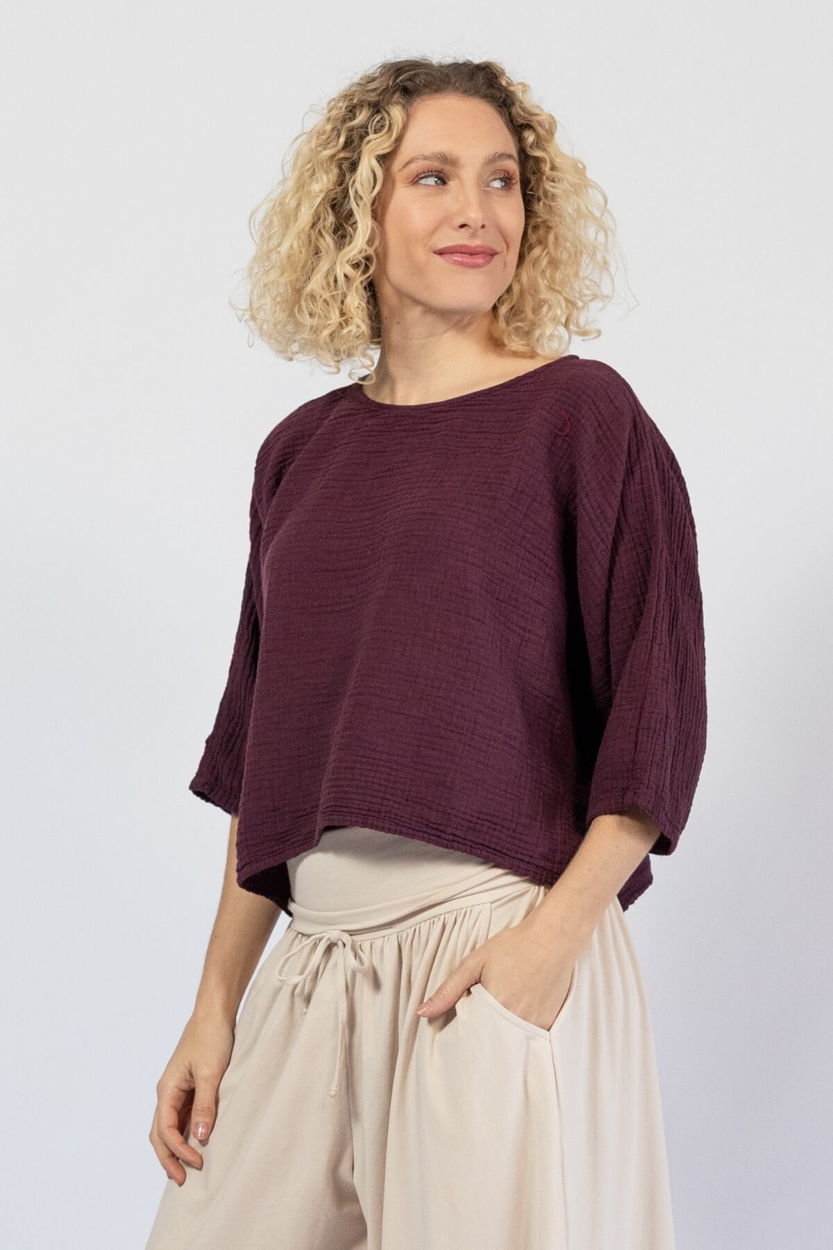 Lightweight muslin cotton top for women – left side view