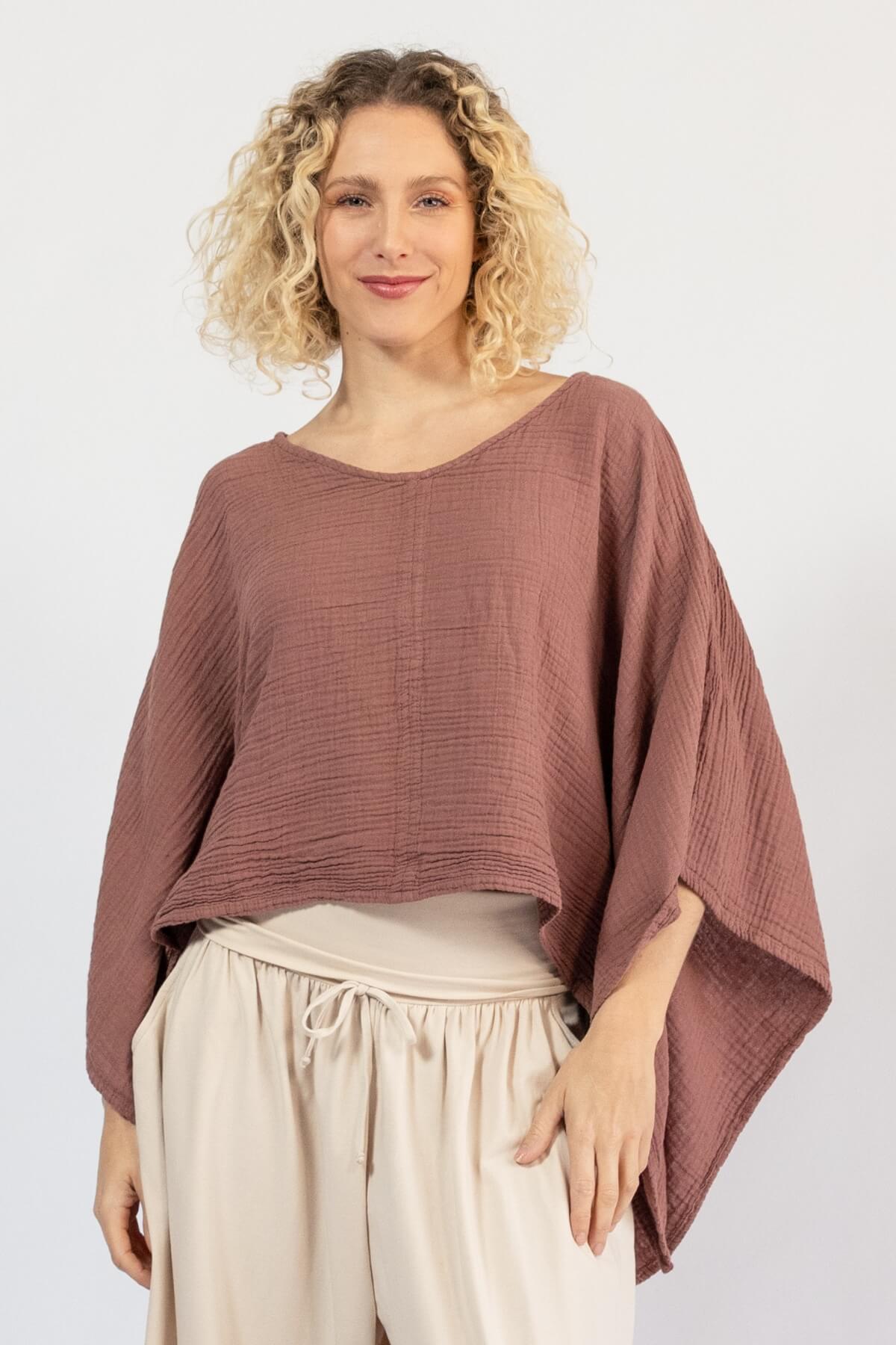 Kimono sleeve muslin cotton top for women – taupe