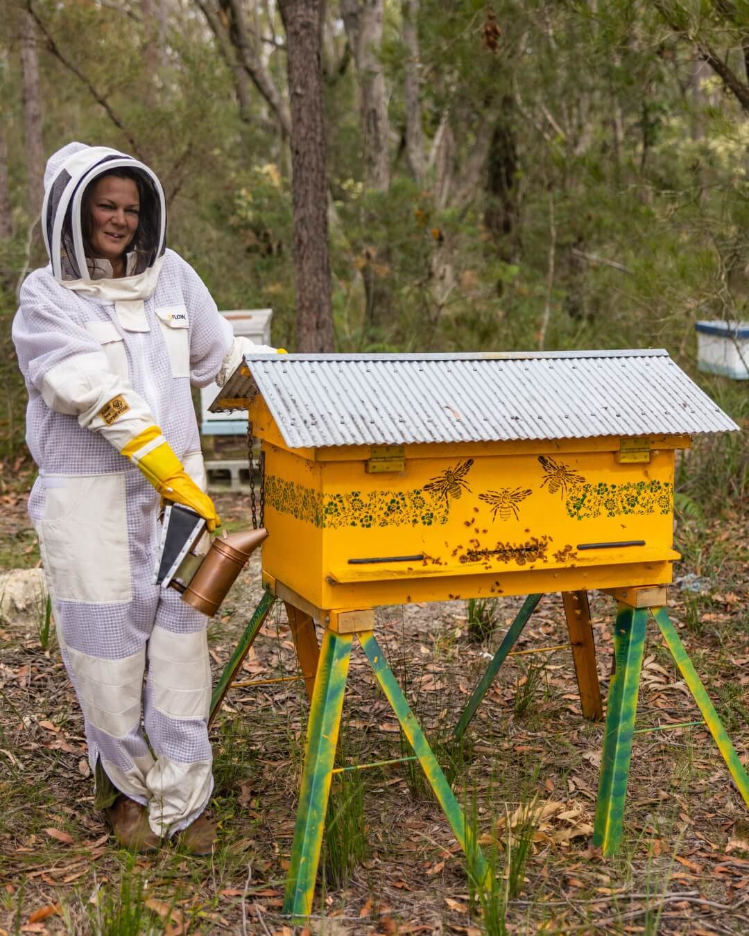 Woman in the Australian bush in a bee suit, with a painted yellow bee hive next to her.