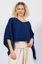 Kimono sleeve muslin cotton flow top for women – navy blue