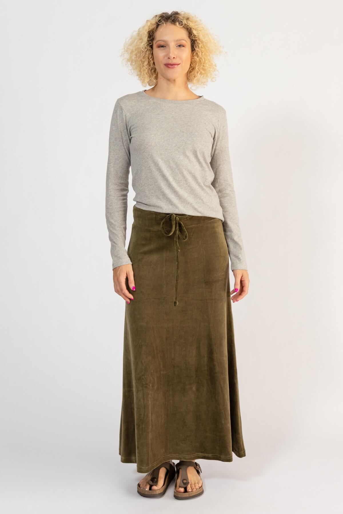 Surya Ethical Velvet Maxi Skirt - Olive Green
