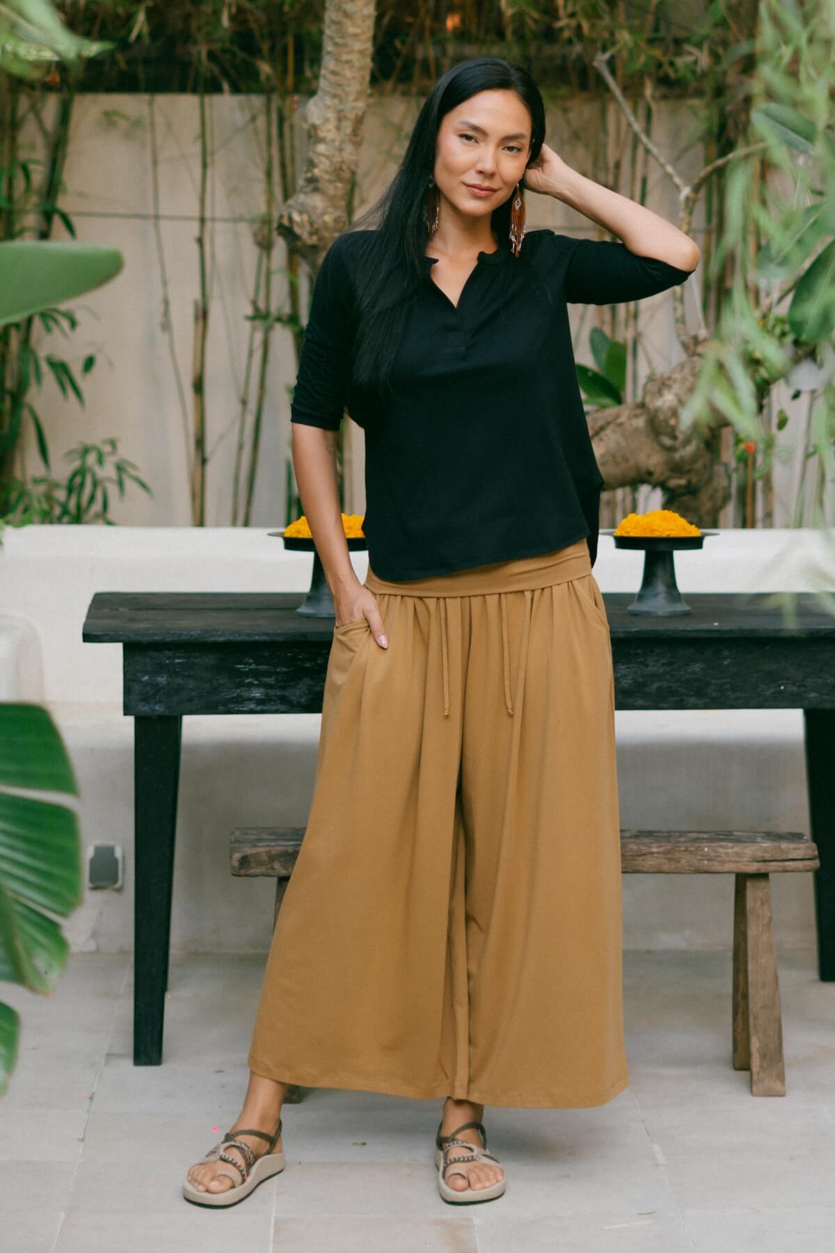Organic cotton wide leg pants with turn down waist - ethically made in Nepal