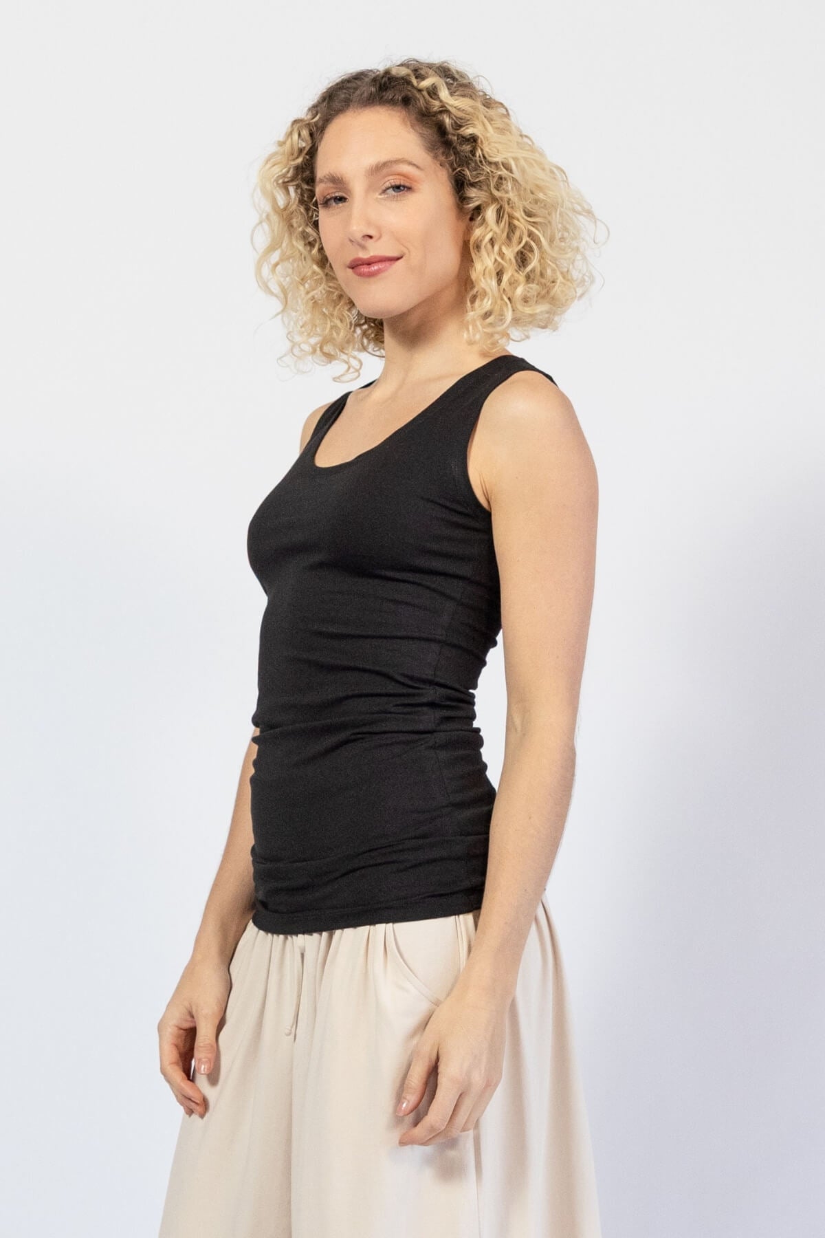 Ethical organic cotton singlet tops for women – left side view
